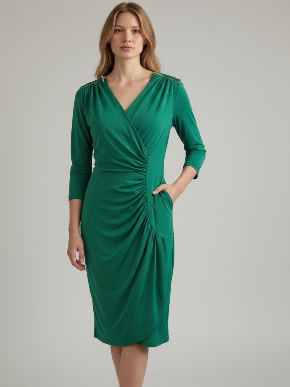 Calvin Klein Emerald Green Ruched Wrap-Style Midi Dress